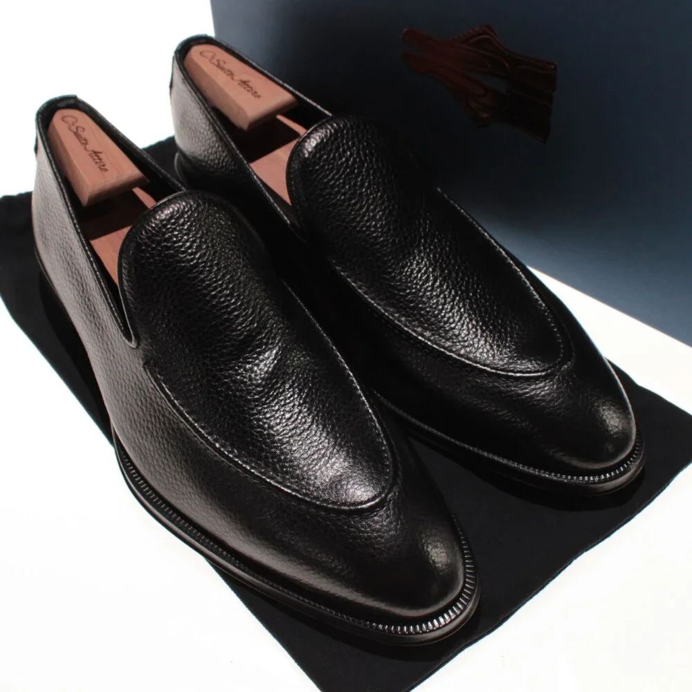 Di Bianco NWB Slip On Loafers Size 10 US in Black Pebbled Leather Made in Italy